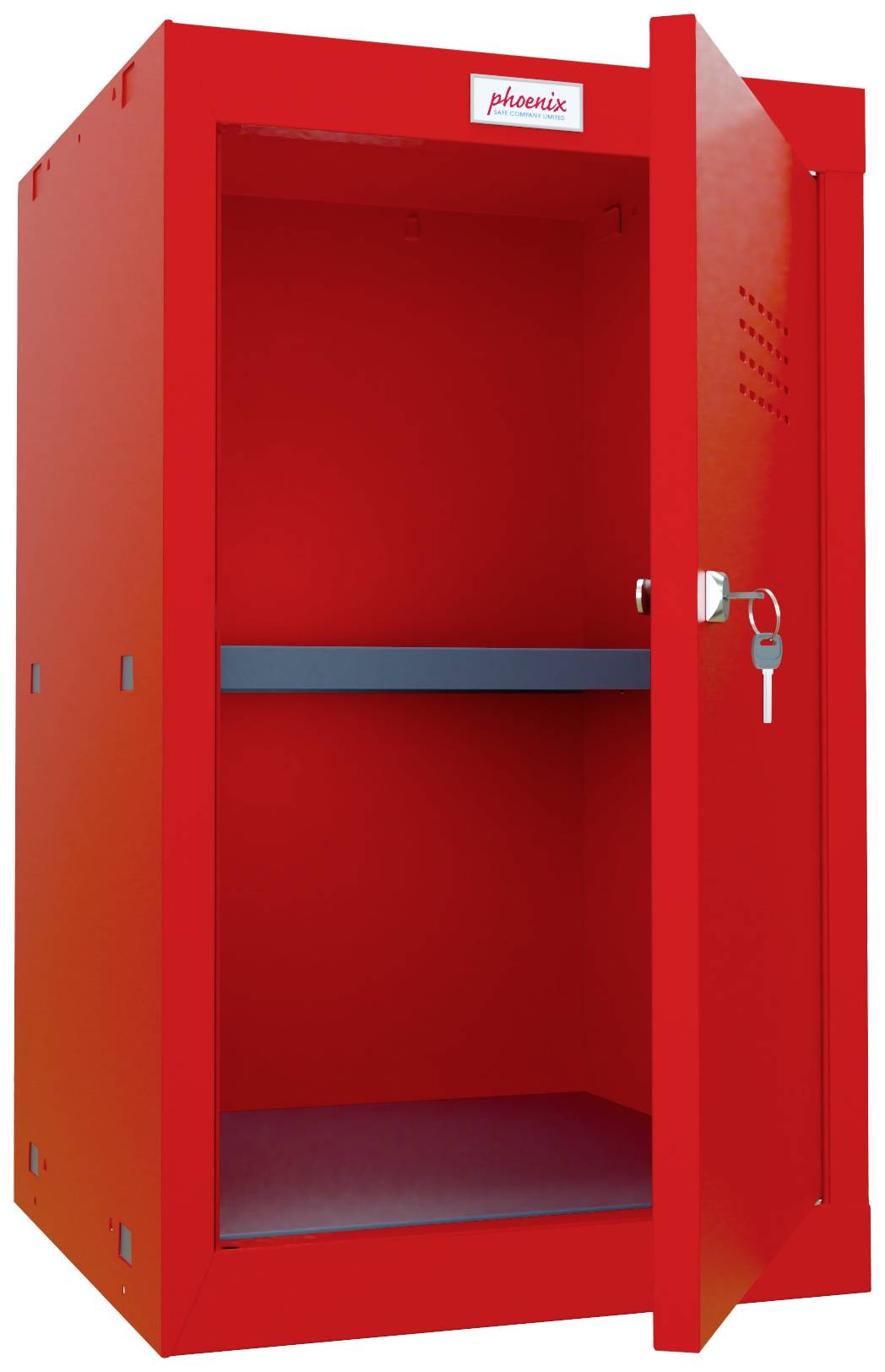 A red metal cabinet with an open door reveals an interior shelf. A key is inserted in the door lock.