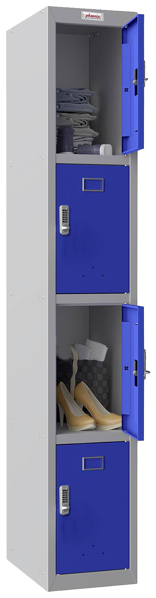 A metal locker with three compartments, each with a blue door. Clothes are in the top section, shoes in the middle, and the bottom compartment is closed.