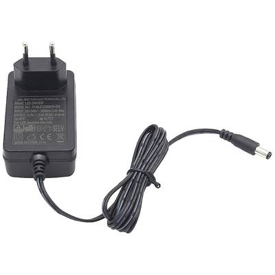 Black power supply with European plug and labelled tag, connection cable with hollow plug. Suitable for LED drivers.