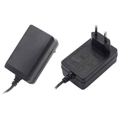 A black plug-in power supply with EU plug socket and cable, shown from two perspectives, front and back view with technical details.