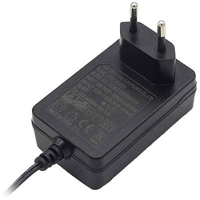 A black plug-in power supply with a European plug, suitable for input ranges of 100-240V. Contains various certification symbols.