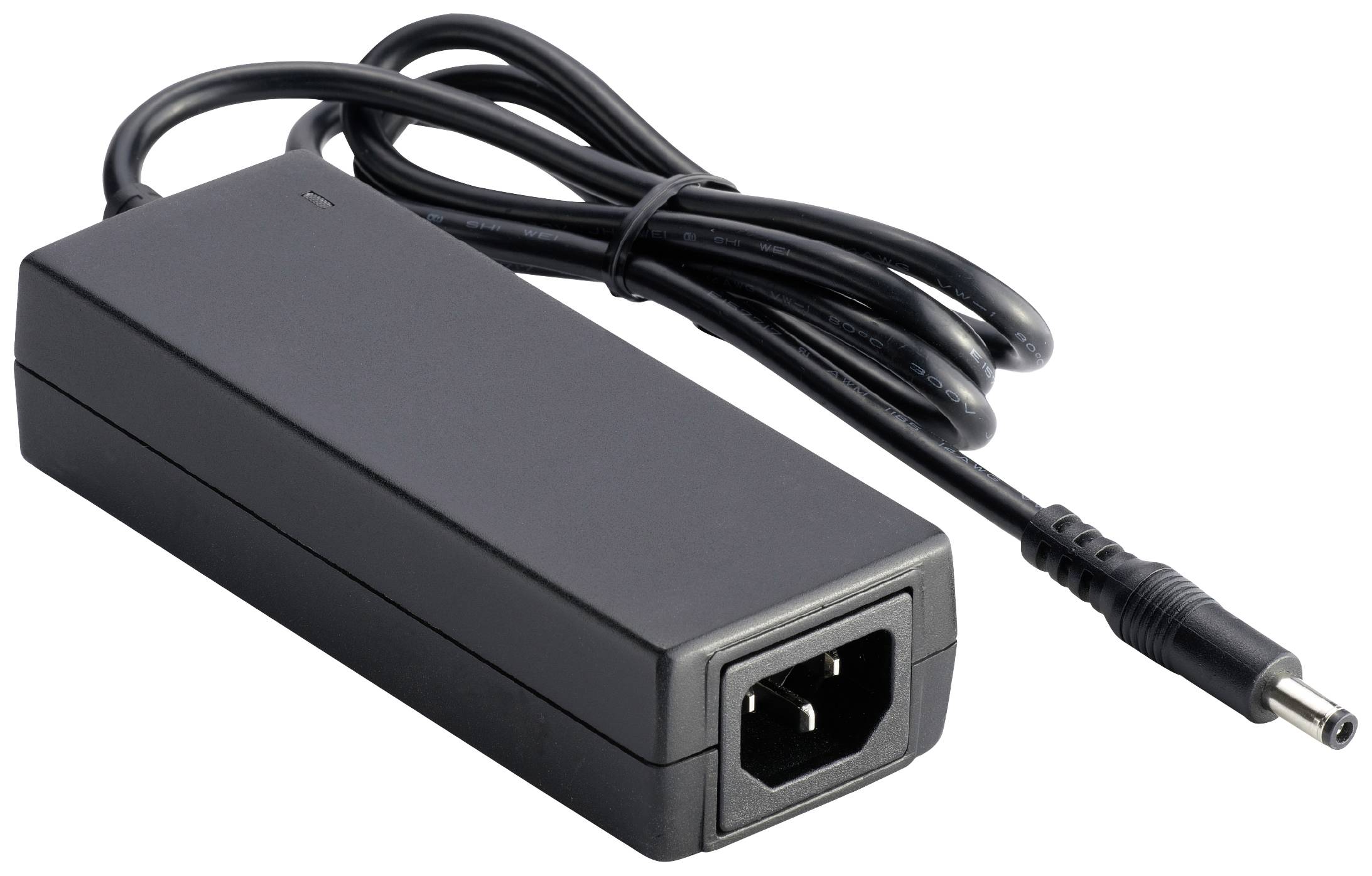 A black power supply charger with a thin cable and plug, suitable for electronic devices.