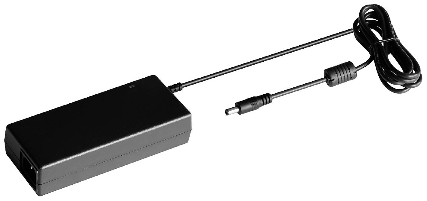 Black laptop power adapter with long cable and power plug, suitable for powering and charging portable computers.