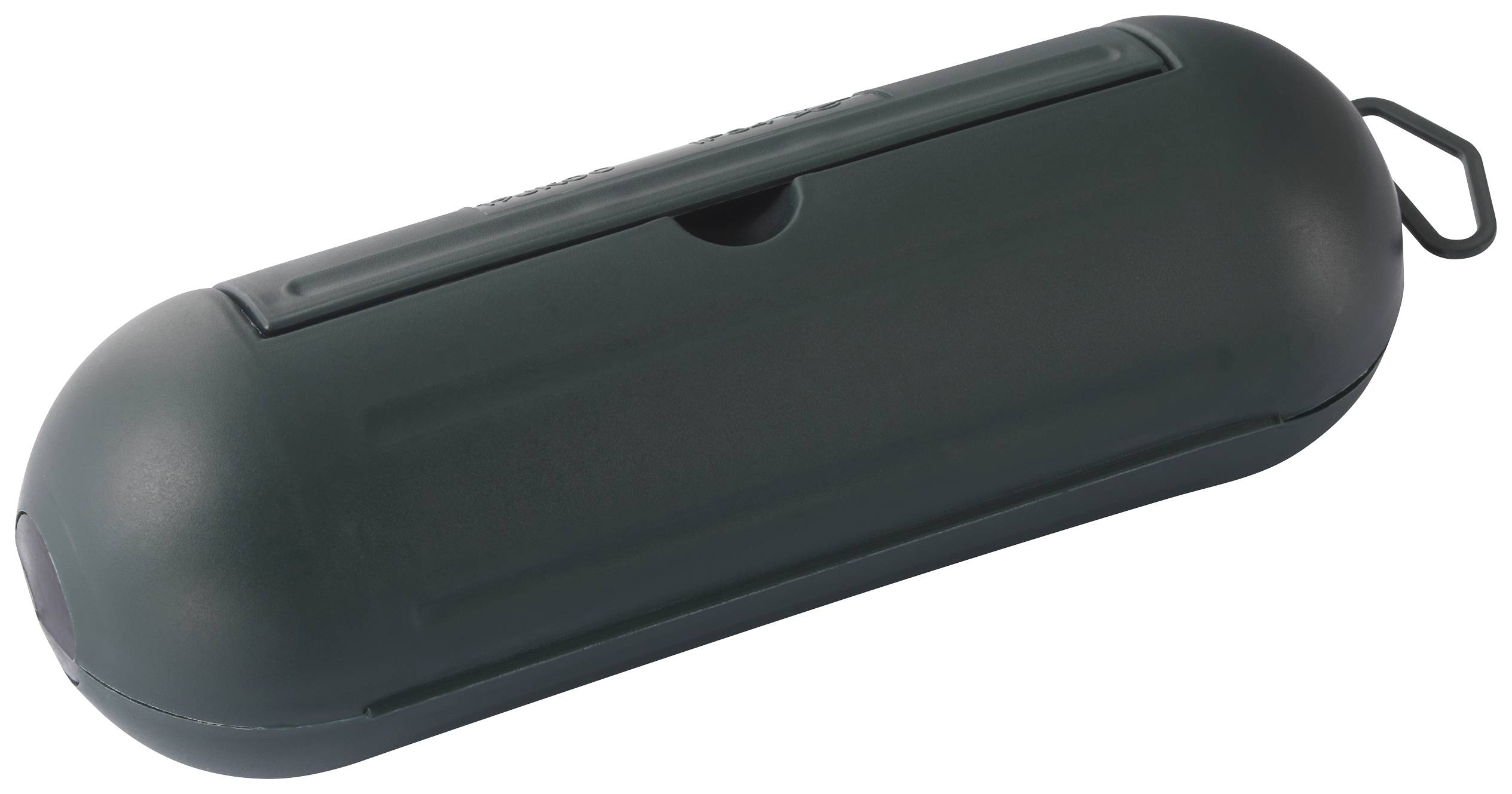 A dark green, cylindrical container with rounded ends and a small opening, suitable for storing small items.