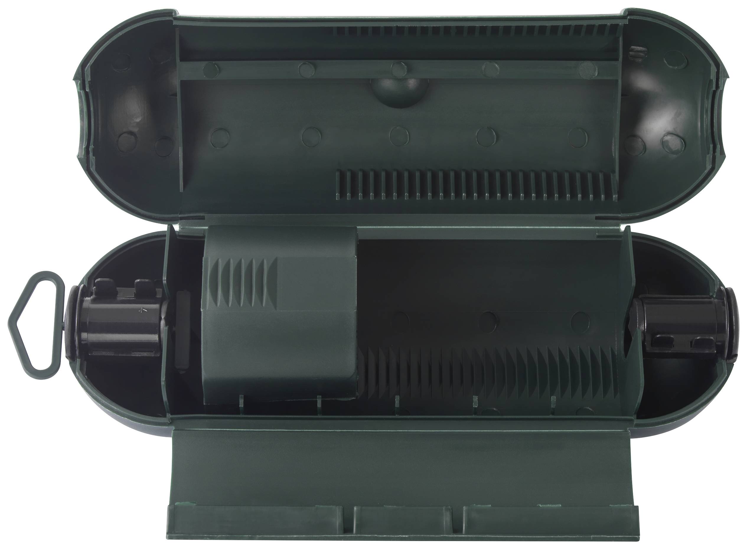 An open plastic box with a removable reel, possibly for cable storage or a similar purpose. Colour: Dark green.