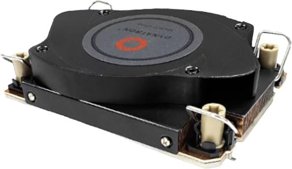 A low-profile computer fan with a black casing and mounting clips rests on a surface. Ideal for compact form factors.