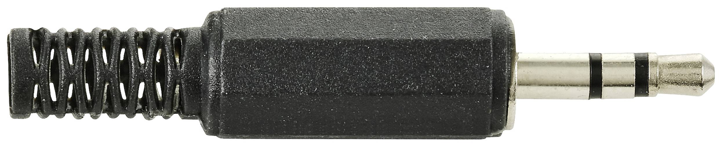 A 3.5 mm jack plug with a black plastic housing. Used for audio devices.