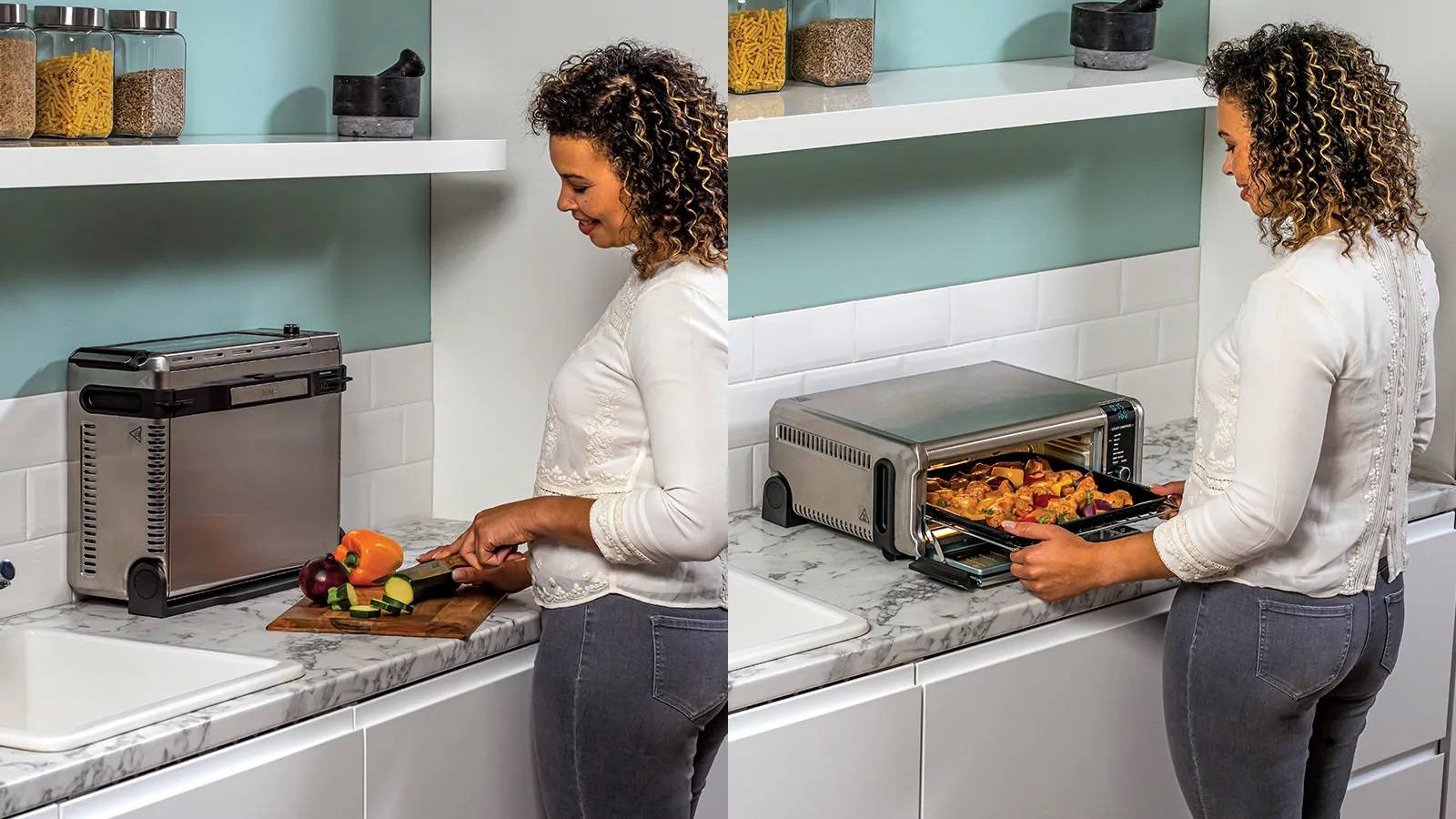 A woman is preparing vegetables on the left and taking a baked dish out of a small oven on the right.