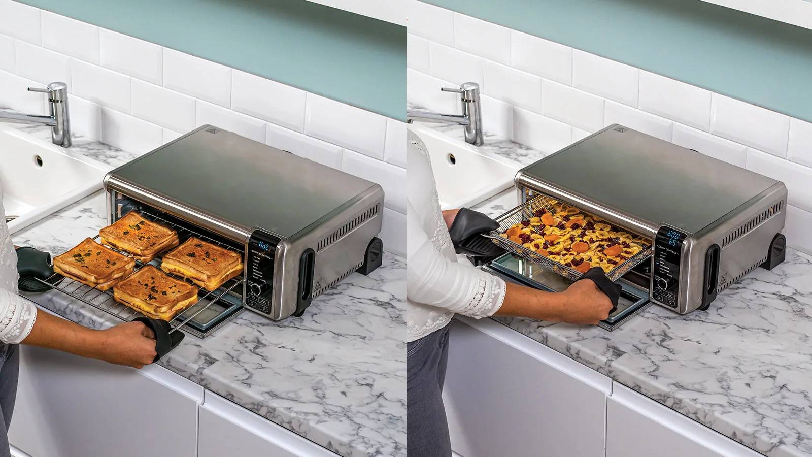 'Two images side by side: On the left, someone is baking four filled pastry pockets in a toaster oven. On the right, a finished pizza is being taken out.'