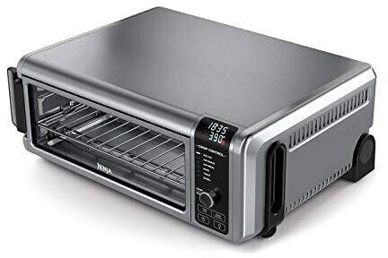 Silver toaster oven with digital display and temperature control. Side and front views show wire rack and control panel.