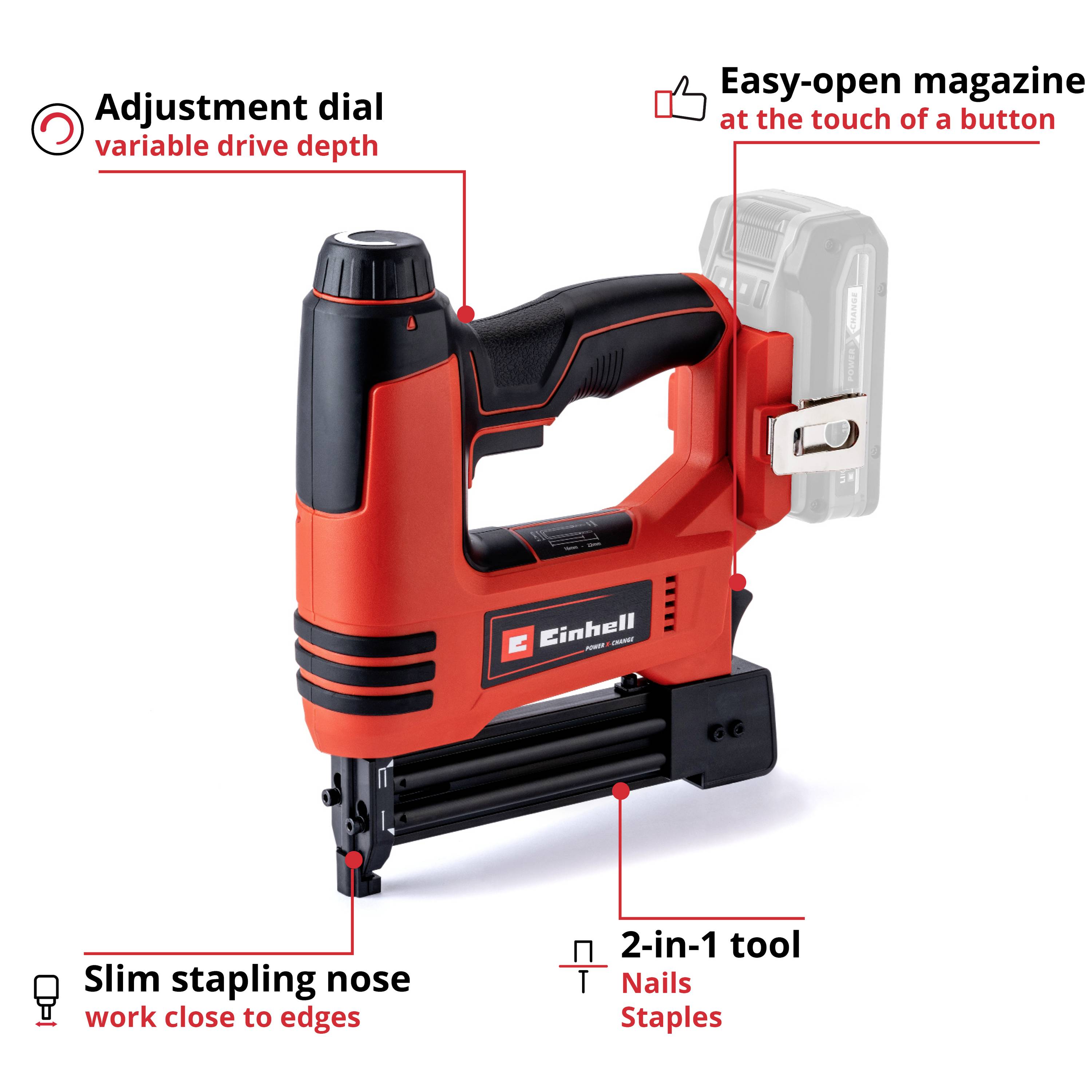 Battery-Powered Staple Gun in Red, Features: Adjustable Wheel for Penetration Depth, Magazine Opens with Button Press, Slim Stapling Nose.