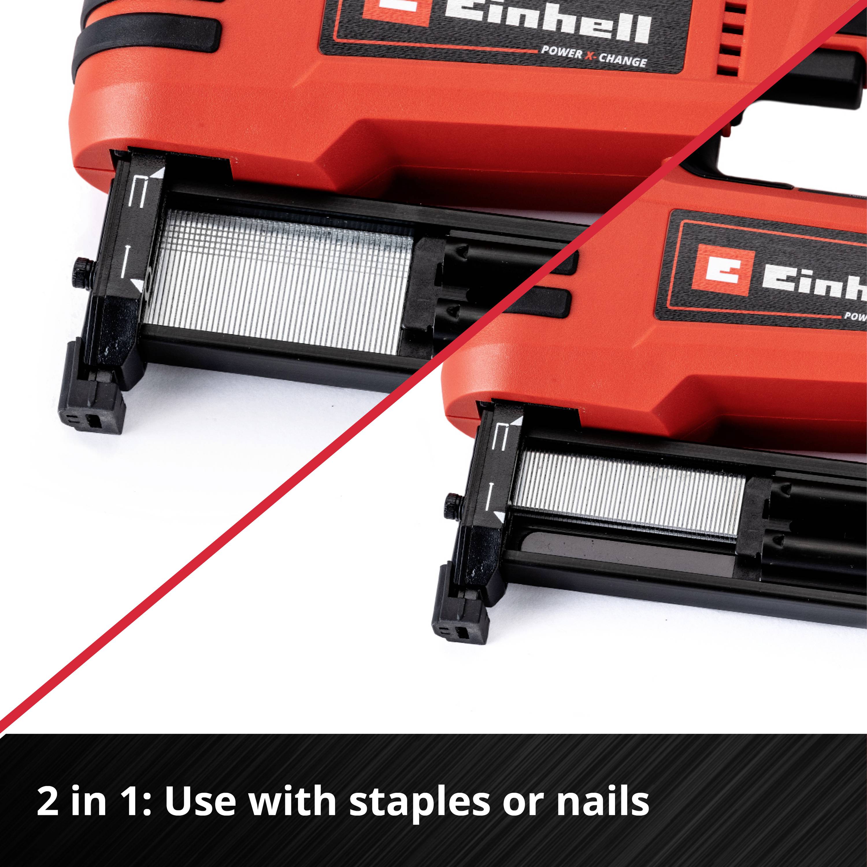 '2 in 1: Use with Staples or Nails' shows a red electric hand stapler with staples and nails.