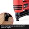 Red tacker with wood in the background. Text: 'Slim stapler nose for edge-close working'.