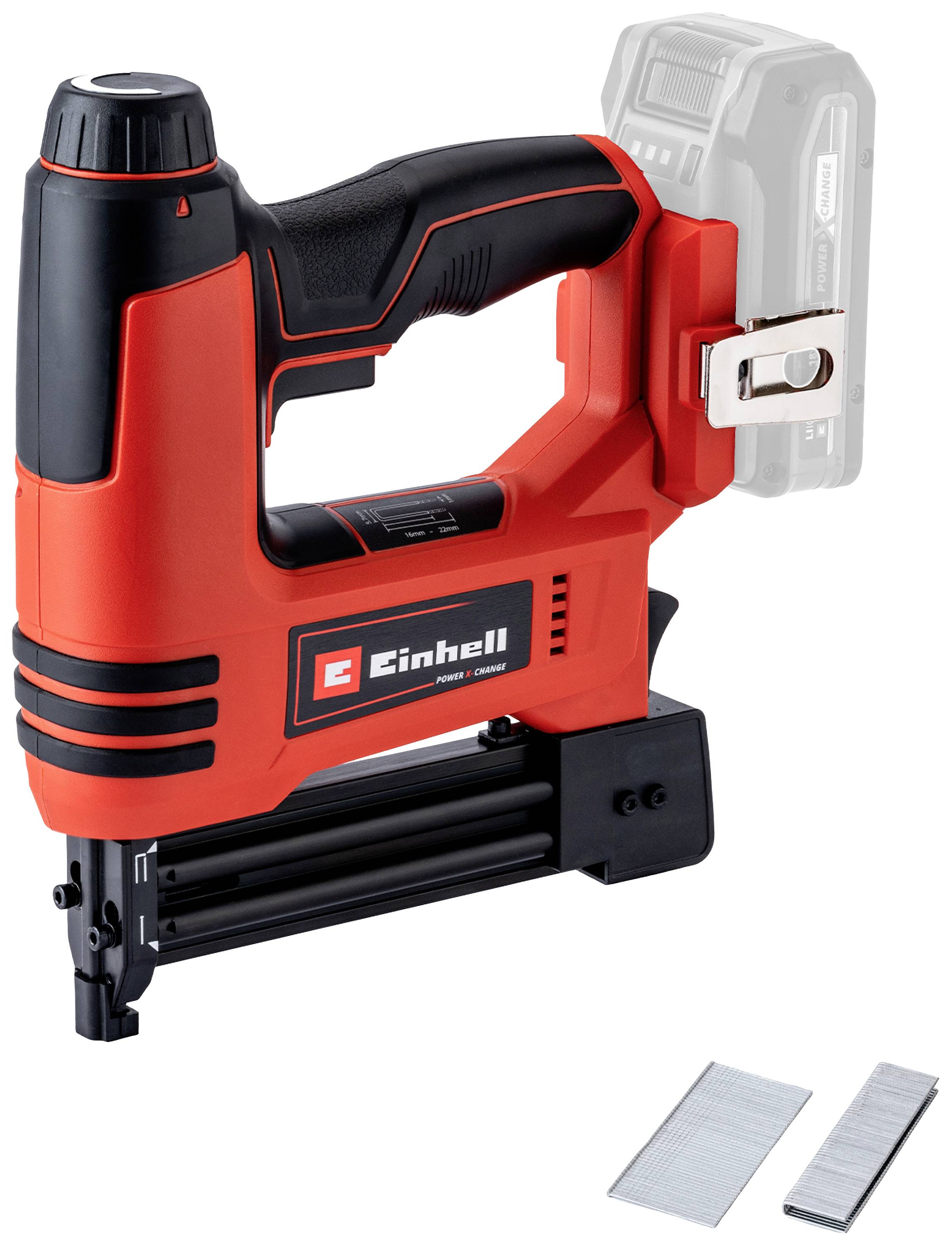 Einhell battery-powered staple gun, red and black, with safety nose, enables cordless stapling. Two staples shown in front of the device.