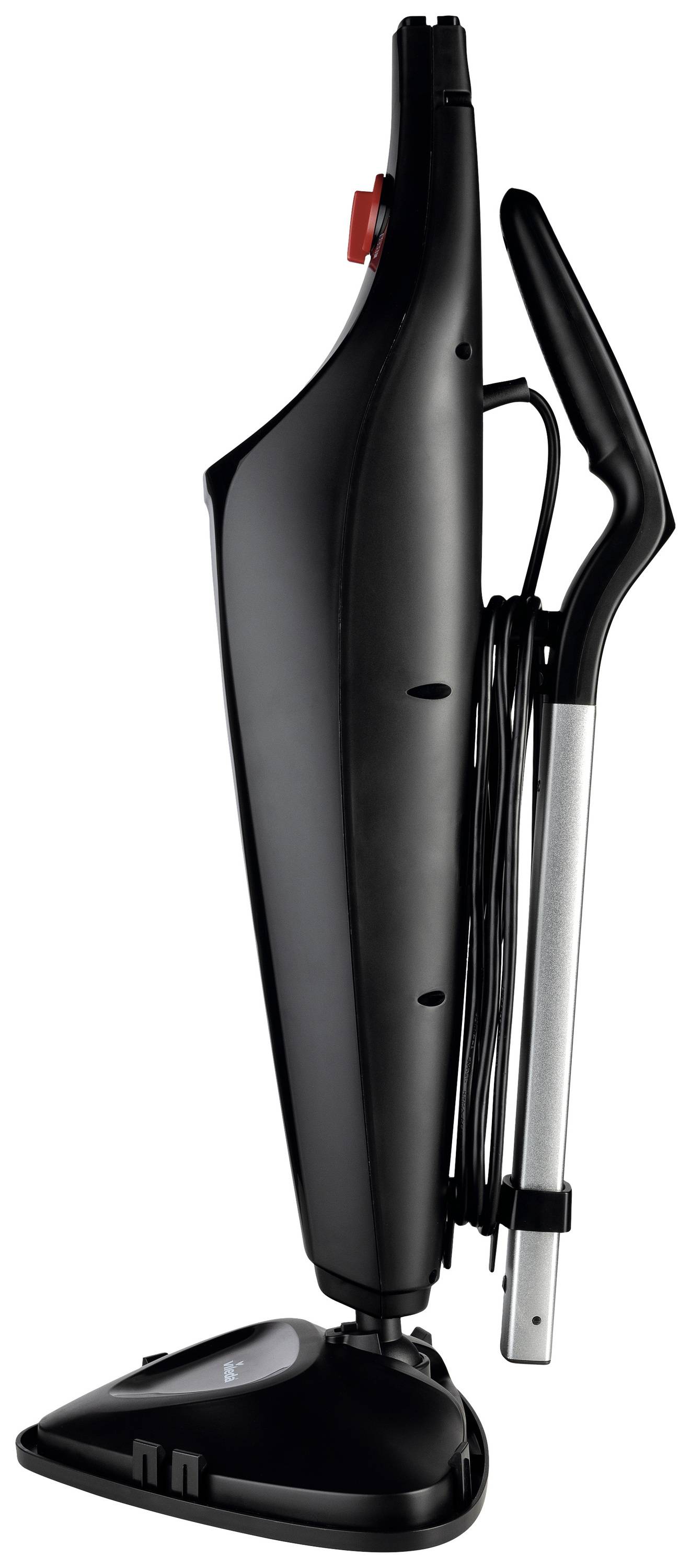 Black steam mop, standing upright with visible handle and cable storage. Suitable for floor cleaning.