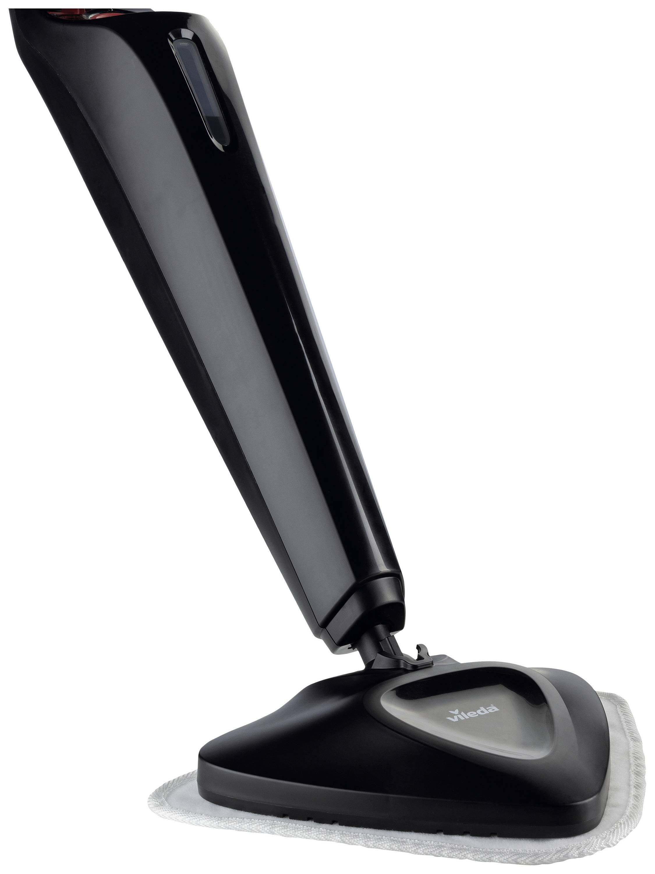 A black steam cleaner with a triangular base stands upright. It is used for cleaning floors.<br><br>Note: The translation is in British English and maintains the original meaning and structure of the German text.