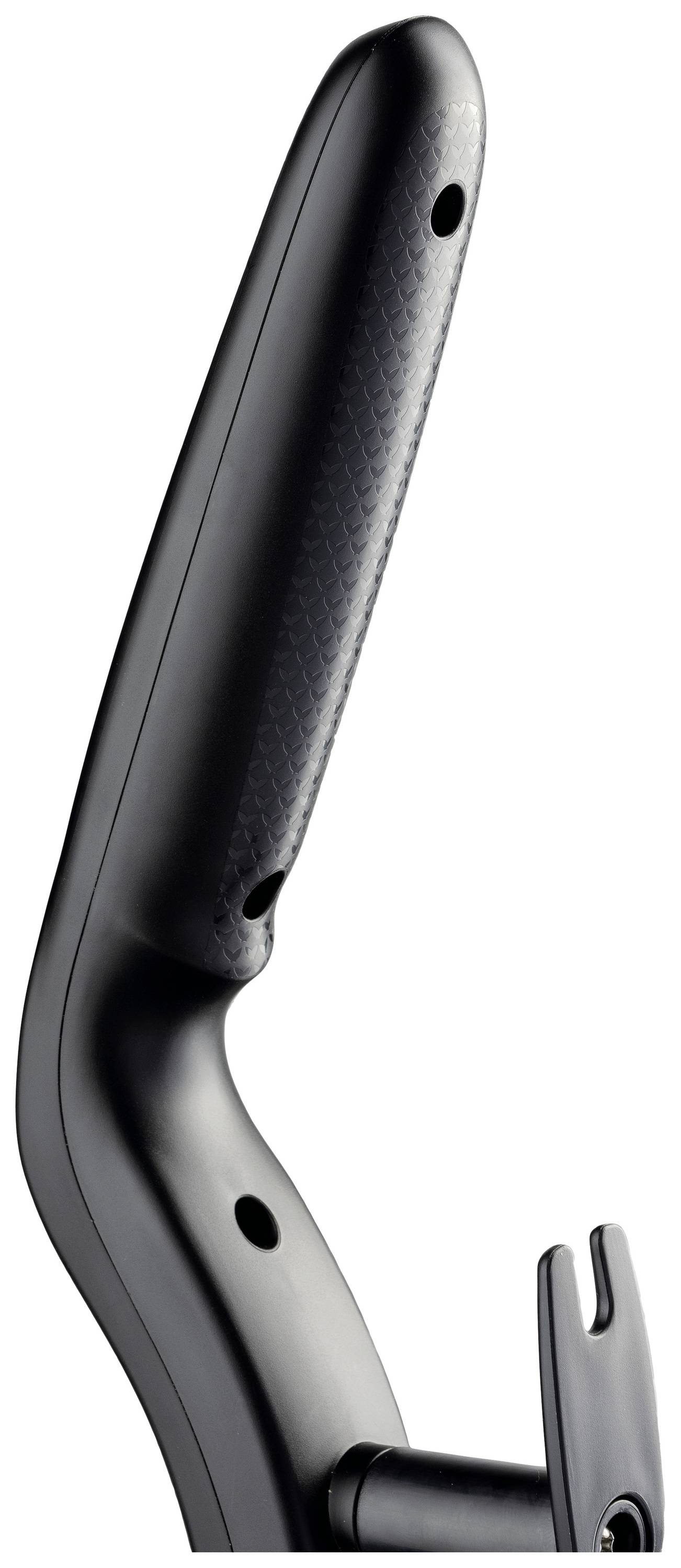 Black bicycle handlebar with textured grip area. Two mounting holes visible.