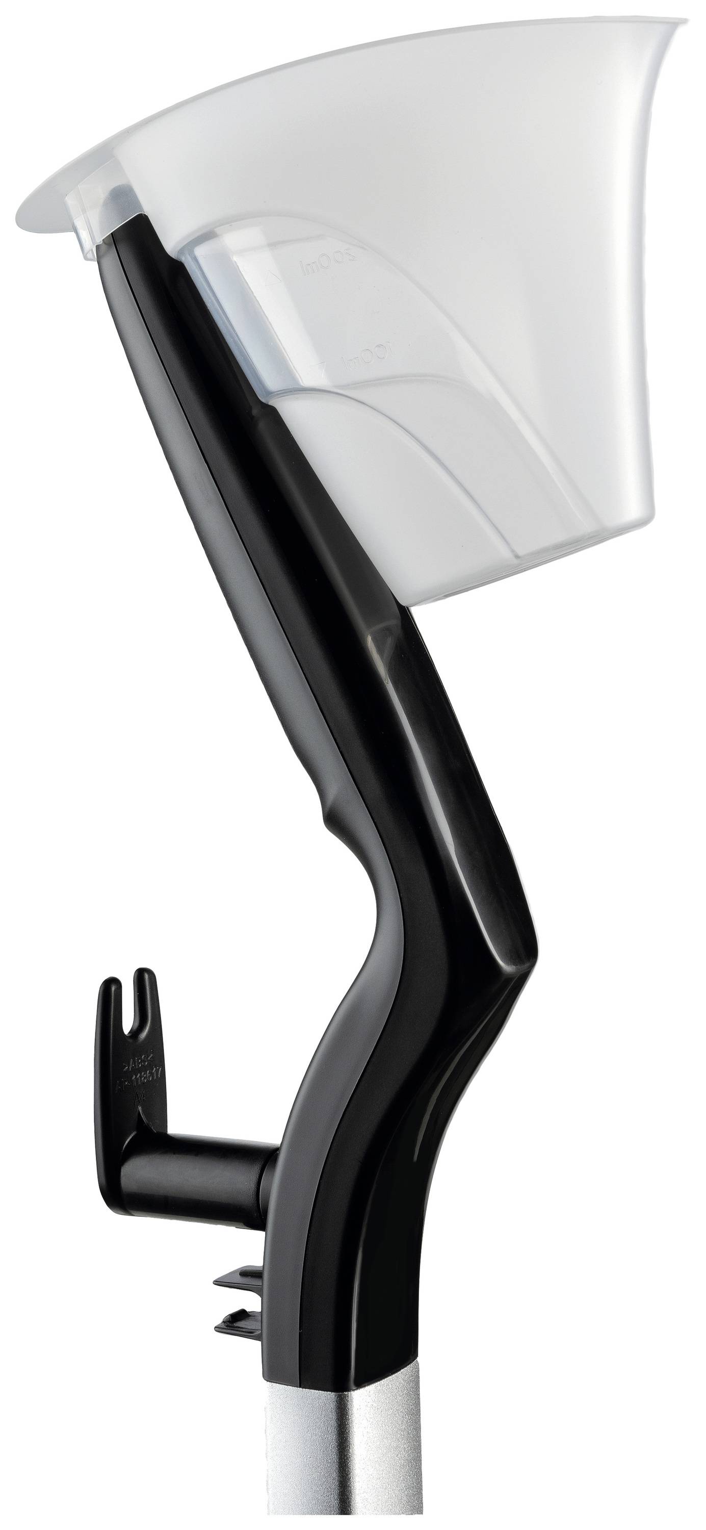 A black, curved handle with a transparent protective cover, possibly part of a household cleaning device.