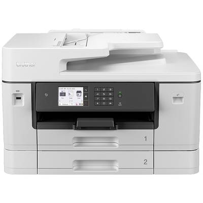 A white multifunction printer with two paper trays and a digital control panel in the centre.