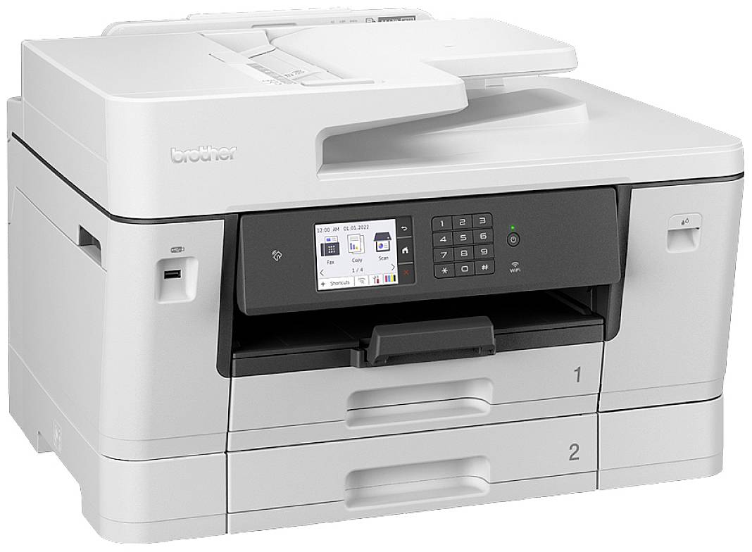 A white multifunction printer with two paper trays and a control panel with a display.
