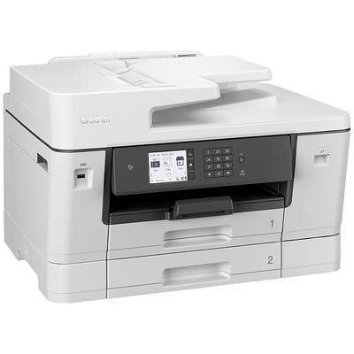 A white multifunction printer with two paper trays and a control panel with a display.