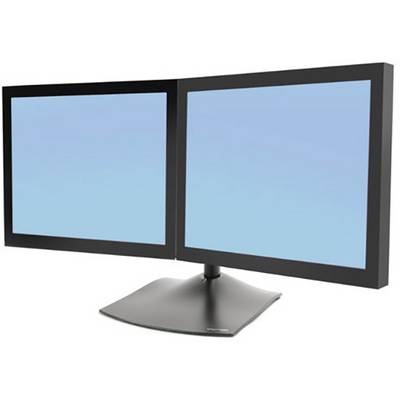 Two black LCD monitors side by side on a shared stand, displaying blank blue screens.