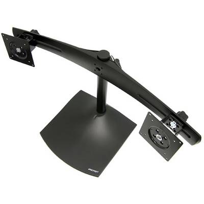 A black, adjustable dual monitor stand with a solid base. It provides mounting brackets for two screens.