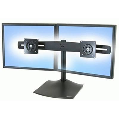 Two blue monitor frames mounted on a black dual mounting stand; showing the stand without monitors.