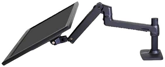 A black monitor stand with an adjustable arm, holding a screen, is mounted sideways on a table.