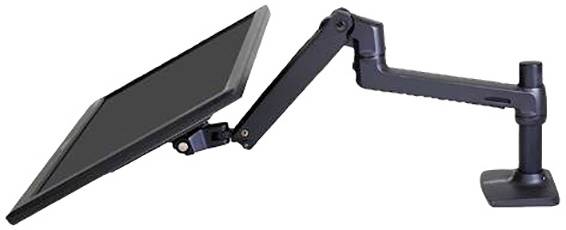 A black, adjustable monitor arm with a screen attached in a tilted position against a white background.