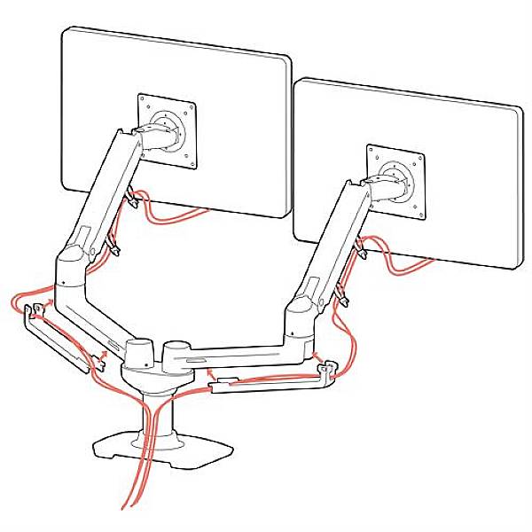 Drawing of a dual monitor arm with cable management. Two monitors are mounted on flexible arms, with cables running neatly along the arms.