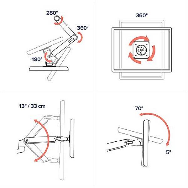 Assembly Instructions for a Monitor Arm: Top left shows the arm's mobility. Top right displays the monitor rotation. Bottom left and right show the tilt adjustment.
