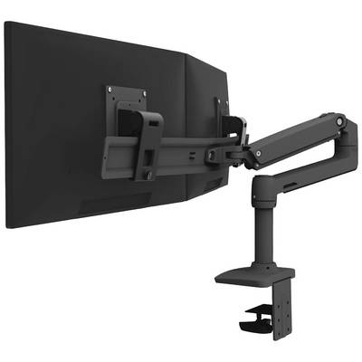 A black monitor is attached to a movable arm mounted on a desk. The arm allows flexible positioning.