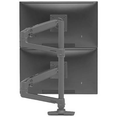 Two computer screens mounted on top of each other on a swivel arm, showing a flexible arrangement for ergonomic workstations.
