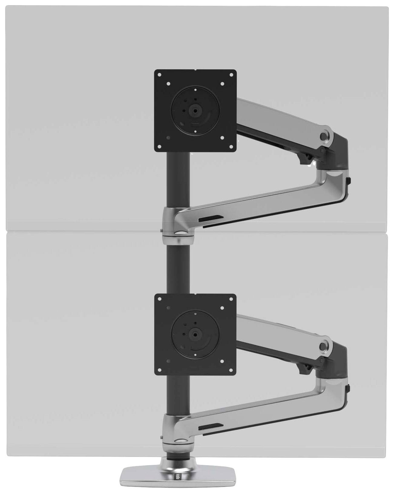A dual monitor arm with a sleek design for mounting two screens vertically, perfect for space-efficient workstations.