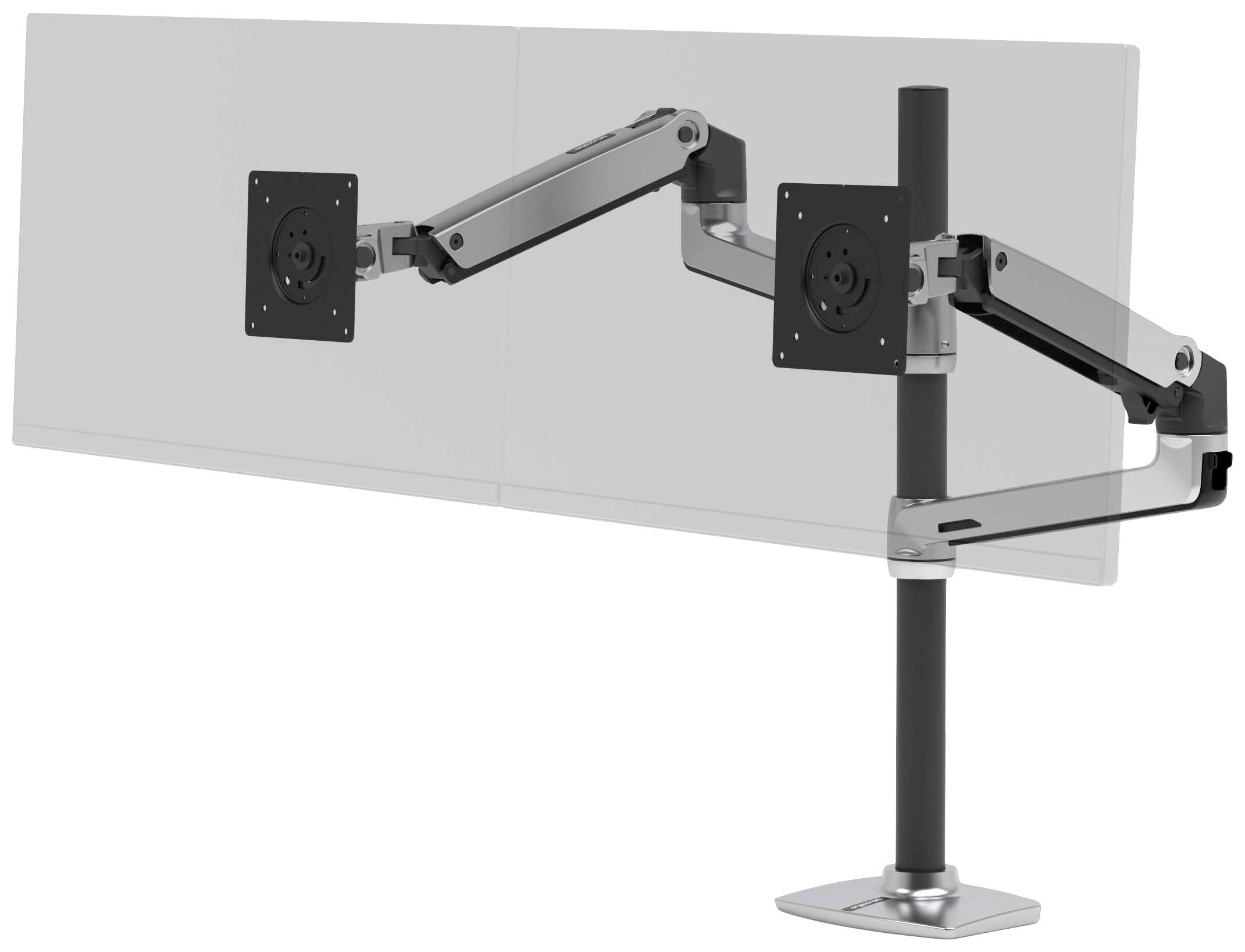 Double metal monitor arm with two adjustable mounting points on a base stand. Suitable for flexible monitor usage.