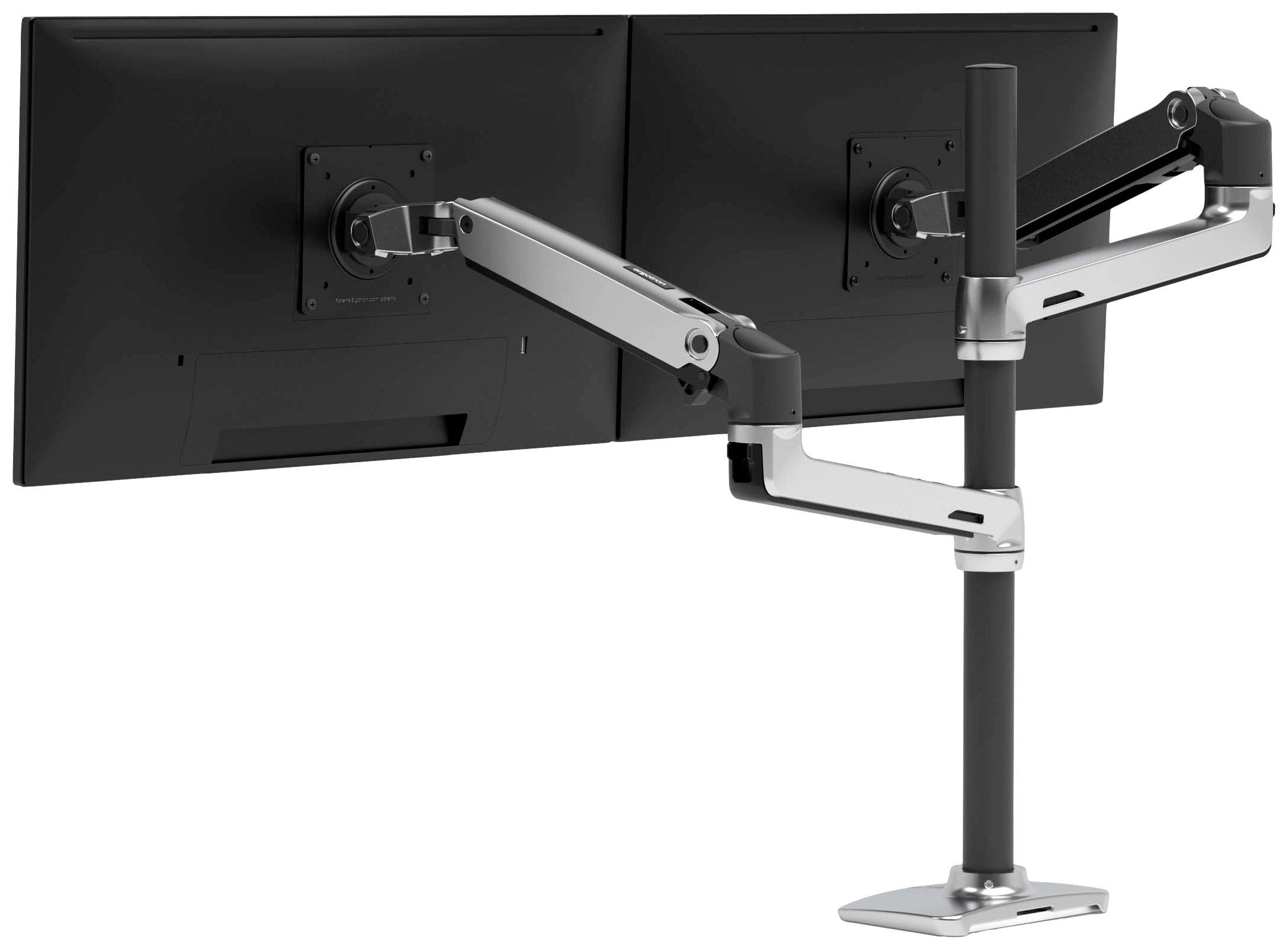 Two black and silver monitors are attached to a flexible, height-adjustable monitor arm mounted on a desk.