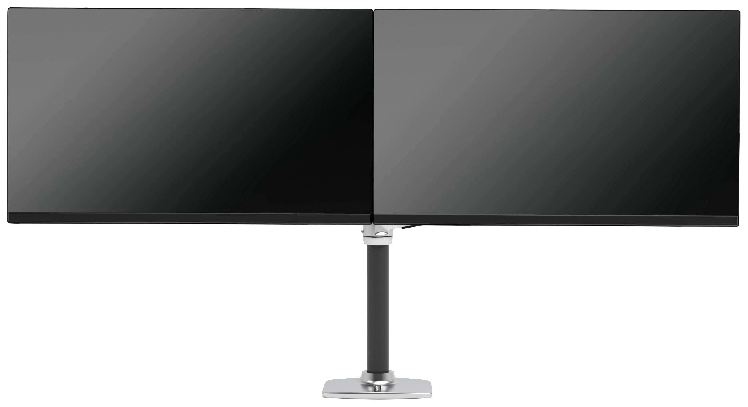 Two black monitors standing side by side on a shared stand, suitable for an extended display view.