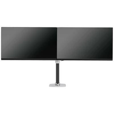 Two black monitors standing side by side on a shared stand, suitable for an extended display view.