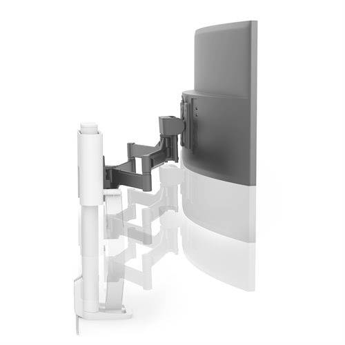 A white and black monitor arm viewed from the side. The arm is flexible and allows screens to be positioned at various angles.