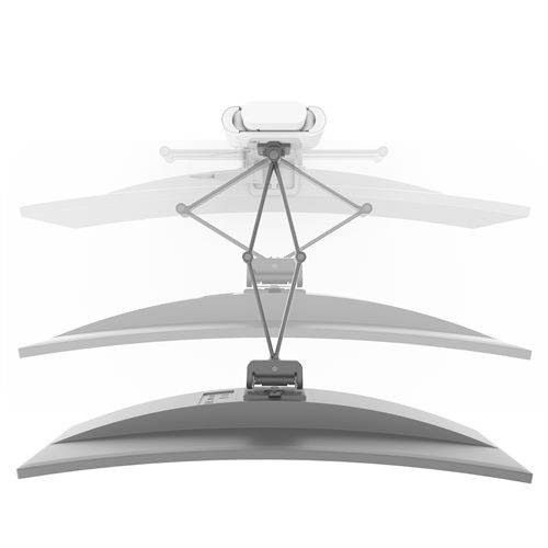 A monitor with a flexible mount allows adjustment of position. Demonstrated range of motion for tilt and rotation.