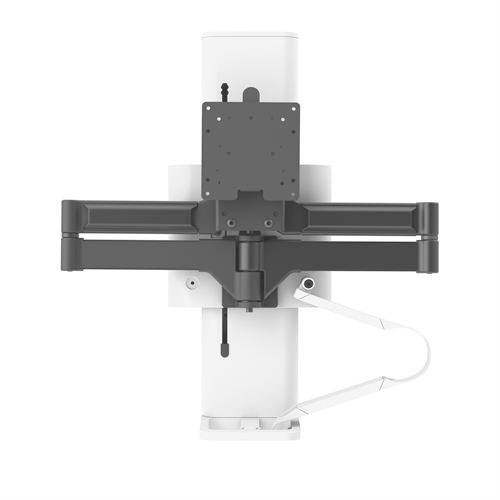 Industrial robotic arm mounted on a white stand, facing frontally.