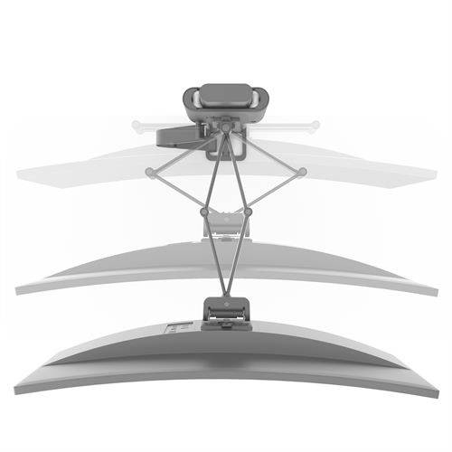 An ergonomic monitor arm demonstrates the flexible manoeuvrability of a screen into various positions and angles.