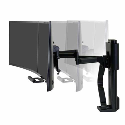A monitor arm with a flexible joint shows three different screen orientations.