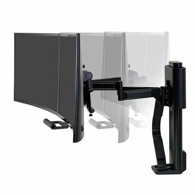 A monitor arm with a flexible joint shows three different screen orientations.