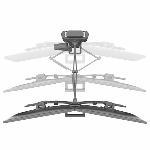A monitor stand shows multiple adjustment positions and flexible movement angles.