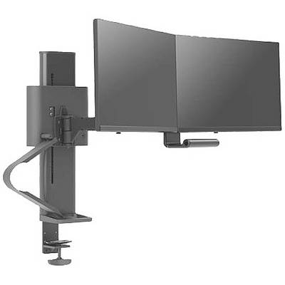 An ergonomic dual monitor arm in black, designed for table mounting. Suitable for flexible positioning of computer screens.