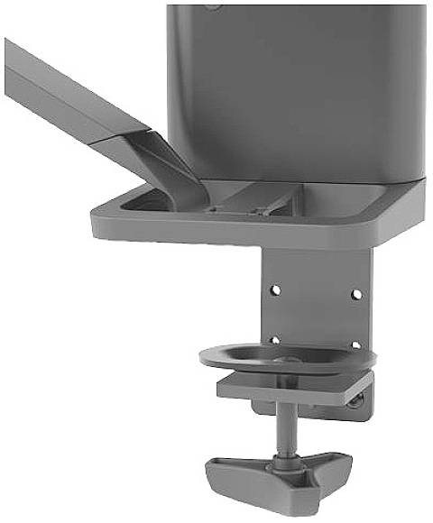 Grey metal clamp for attaching to a table, with a pivoting arm to support a computer monitor, shown from the side.