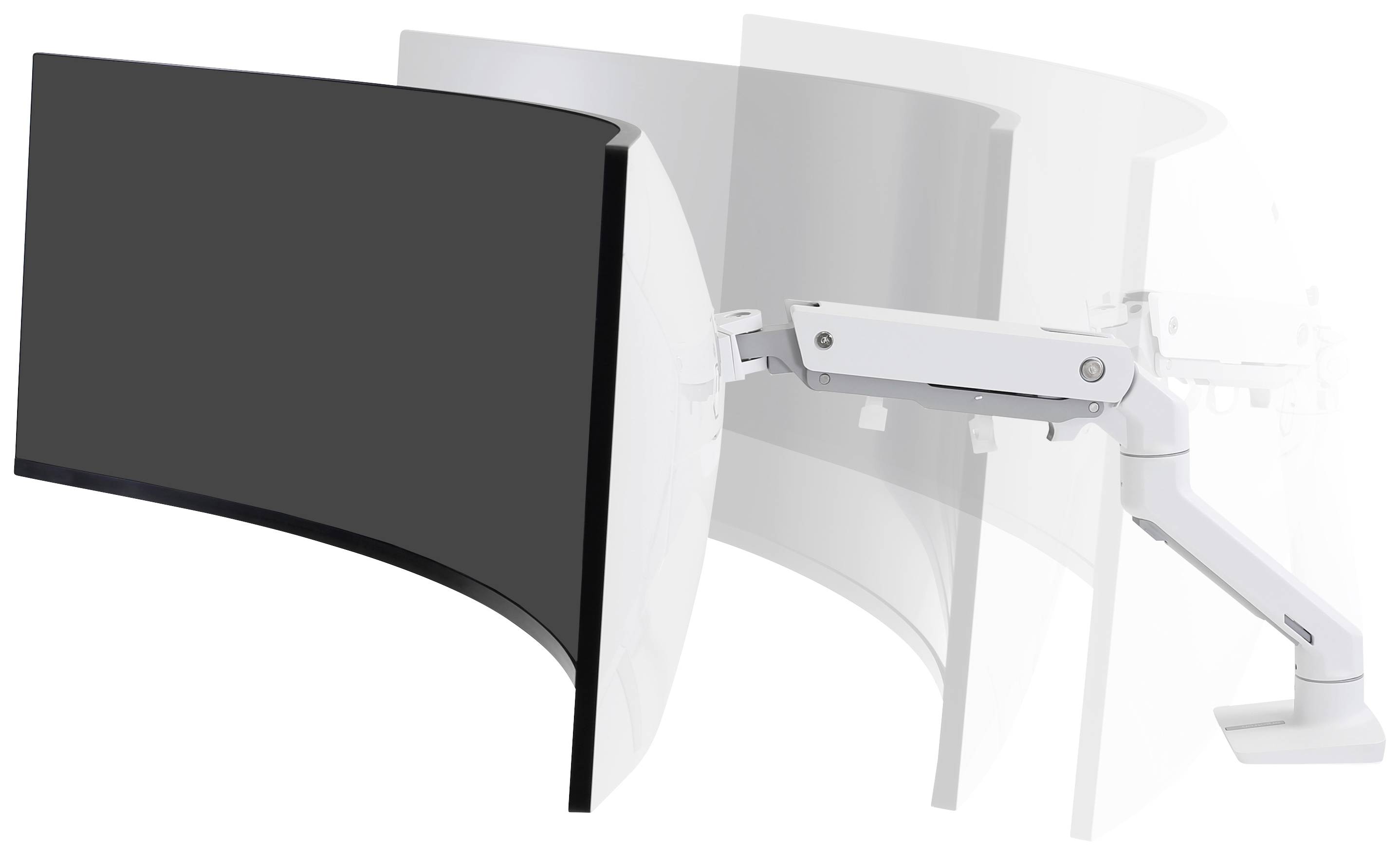 A curved screen on an adjustable white arm, demonstrating various tilt and rotation angles.