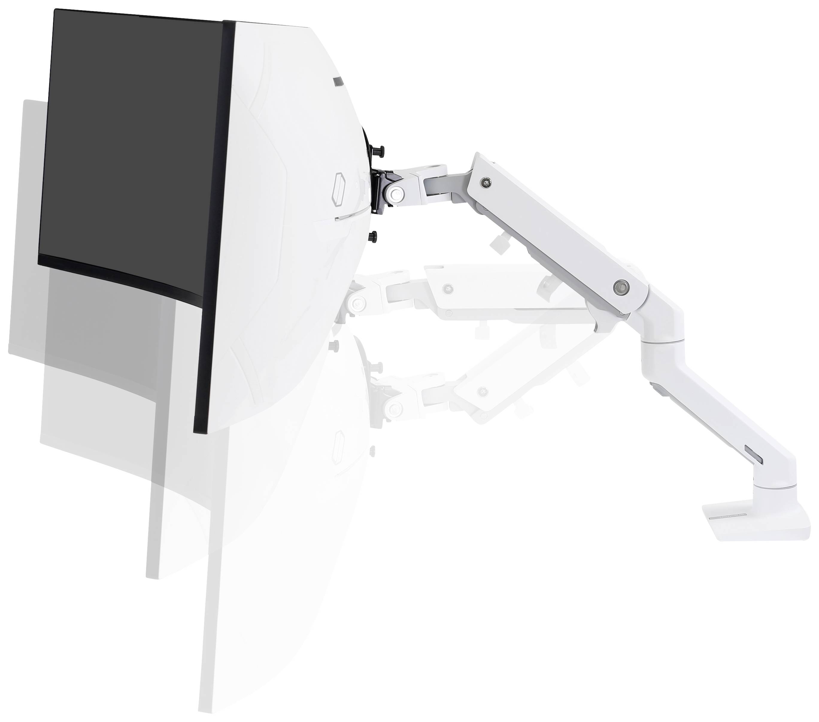 A height-adjustable monitor arm made of white metal, holding a display screen. The arm demonstrates its flexibility in various positions.